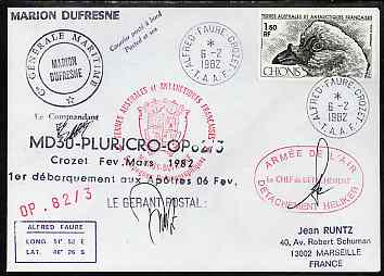 French Southern & Antarctic Territories 1982 cover bearing Sheathbill stamp (SG 162) with Alfred Faure Crozet cancel, cachets incl Posted at Sea, Compagnie Generale Marit..., stamps on birds, stamps on polar, stamps on 