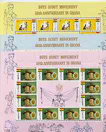 Ghana 1967 Scout Anniversary the set of 3 in sheetlets of 12 each with vert perforations slightly staggered, fairly minor but unusual and most interesting (minor wrinkle & grease spot on one value) unmounted mint, stamps on , stamps on  stamps on scouts, stamps on  stamps on bicycles