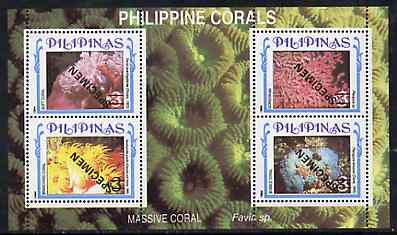 Philippines 1994 Coral perf souvenir sheet overprinted SPECIMEN and unissued $3 values obliterated, unmounted mint scarce publicity proof, only 200 believed to exist, stamps on marine life, stamps on coral