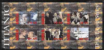 Karelia Republic 1998 Titanic - True Love Story perf sheetlet containing 6 values unmounted mint, stamps on , stamps on  stamps on films, stamps on  stamps on cinema, stamps on  stamps on entertainments, stamps on  stamps on ships, stamps on  stamps on titanic, stamps on  stamps on disasters, stamps on  stamps on 