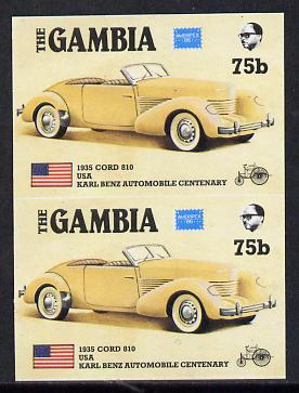 Gambia 1987 Ameripex 75b (1935 Cord 810) imperf pair from the Format archive proof sheet, as SG 651*, stamps on cars, stamps on stamp exhibitions