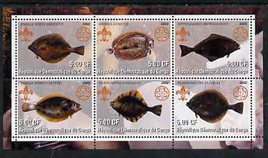 Congo 2002 Fish #3 (flat fish) perf sheetlet containing set of 6 values, each with Scouts & Guides Logos unmounted mint, stamps on , stamps on  stamps on scouts, stamps on  stamps on guides, stamps on  stamps on fish