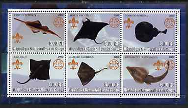 Congo 2002 Fish #4 (Skates & Rays) perf sheetlet containing set of 6 values, each with Scouts & Guides Logos unmounted mint, stamps on , stamps on  stamps on scouts, stamps on  stamps on guides, stamps on  stamps on fish