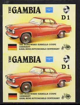 Gambia 1987 Ameripex 1d (1957 Borgward Isabella Coupe) imperf pair from the Format archive proof sheet, as SG 652*, stamps on , stamps on  stamps on cars, stamps on stamp exhibitions