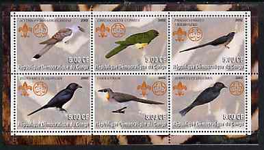 Congo 2002 Cuckoos perf sheetlet containing set of 6 values, each with Scouts & Guides Logos unmounted mint, stamps on scouts, stamps on guides, stamps on birds, stamps on cuckoos