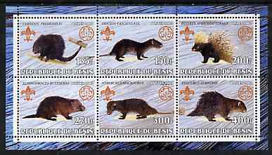 Benin 2002 Porcupines perf sheetlet containing set of 6 values, each with Scouts & Guides Logos unmounted mint, stamps on , stamps on  stamps on scouts, stamps on  stamps on guides, stamps on  stamps on animals, stamps on  stamps on porcupines