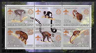 Benin 2002 Lemurs perf sheetlet containing set of 6 values, each with Scouts & Guides Logos unmounted mint, stamps on , stamps on  stamps on scouts, stamps on  stamps on guides, stamps on  stamps on animals, stamps on  stamps on lemurs, stamps on  stamps on apes