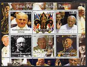 Congo 2002 John Paul II & Baden Powell perf sheetlet containing set of 6 values unmounted mint, stamps on pope, stamps on personalities, stamps on religion, stamps on scouts