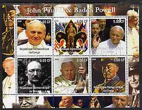 Congo 2002 John Paul II & Baden Powell perf sheetlet containing set of 6 values unmounted mint, stamps on pope, stamps on personalities, stamps on religion, stamps on scouts