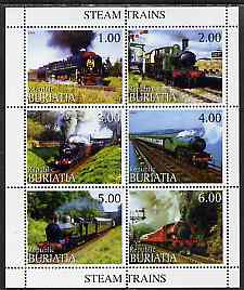 Buriatia Republic 1999 Steam Trains sheetlet containing complete set of 6 values unmounted mint, stamps on , stamps on  stamps on railways