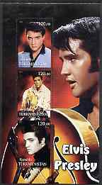 Turkmenistan 2001 Elvis Presley perf sheetlet containing 3 values unmounted mint, stamps on , stamps on  stamps on personalities, stamps on  stamps on elvis, stamps on  stamps on entertainments, stamps on  stamps on music, stamps on  stamps on pops, stamps on  stamps on 