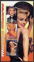 Tadjikistan 2001 Marilyn Monroe perf sheetlet containing 3 values unmounted mint, stamps on , stamps on  stamps on films, stamps on  stamps on cinema, stamps on  stamps on personalities, stamps on  stamps on entertainments, stamps on  stamps on marilyn, stamps on  stamps on marilyn monroe