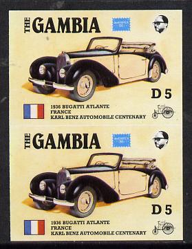 Gambia 1987 Ameripex 5d (1936 Bugatti) imperf pair from the Format archive proof sheet, as SG 656*, stamps on , stamps on  stamps on cars, stamps on stamp exhibitions, stamps on bugatti