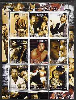 Turkmenistan 2000 Muhammad Ali perf sheetlet containing 9 values unmounted mint , stamps on personalities, stamps on entertainments, stamps on boxing, stamps on sport, stamps on islam