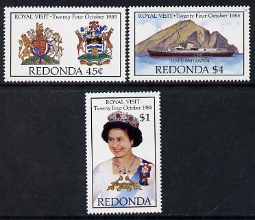 Antigua - Redonda 1985 Royal Visit set of 3 (The Queen, Royal Arms & HMY Britannia) unmounted mint, stamps on , stamps on  stamps on arms, stamps on  stamps on heraldry, stamps on royalty, stamps on ships, stamps on royal visit, stamps on  stamps on unicorns, stamps on  stamps on scots, stamps on  stamps on scotland