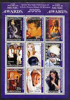 Kyrgyzstan 2000 The World Music Awards perf sheetlet containing 9 values unmounted mint (M Jackson, Britney, Tina Arena, Ricky Martin, etc), stamps on entertainments, stamps on music, stamps on pops, stamps on 