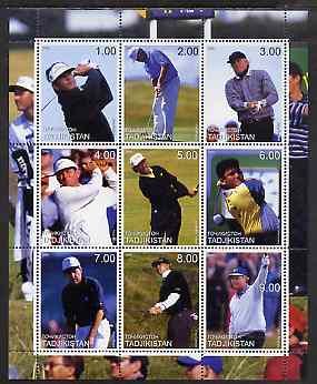 Tadjikistan 2000 Golf Stars perf sheetlet containing 9 values unmounted mint (Seve, Player, Nicklaus, etc), stamps on , stamps on  stamps on personalities, stamps on  stamps on sport, stamps on  stamps on golf