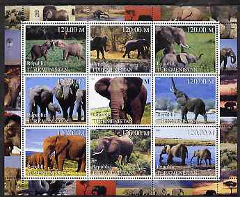 Turkmenistan 2000 Elephants perf sheetlet containing 9 values unmounted mint, stamps on , stamps on  stamps on animals, stamps on  stamps on elephants, stamps on  stamps on windmills