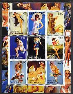 Tadjikistan 2000 Pin-Ups by various Artists perf sheetlet containing set of 9 values unmounted mint, stamps on , stamps on  stamps on arts, stamps on  stamps on glamour, stamps on  stamps on nudes