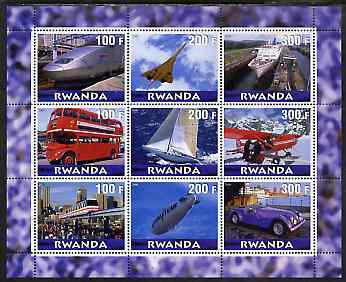 Rwanda 2000 Various Transports perf sheetlet containing 9 values unmounted mint (Concorde, Buses, etc), stamps on , stamps on  stamps on transport, stamps on  stamps on railways, stamps on  stamps on aviation, stamps on  stamps on concorde, stamps on  stamps on ships, stamps on  stamps on buses, stamps on  stamps on sailing, stamps on  stamps on airships, stamps on  stamps on cars