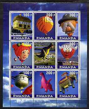 Rwanda 2000 Balloons perf sheetlet containing 9 values unmounted mint , stamps on transport, stamps on aviation, stamps on balloons