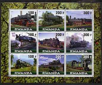 Rwanda 2000 Steam Locos #1 (horiz format) perf sheetlet containing 9 values unmounted mint , stamps on , stamps on  stamps on transport, stamps on  stamps on railways