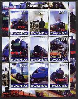 Rwanda 2000 Steam Locos #2 (Vert format) perf sheetlet containing 9 values unmounted mint , stamps on transport, stamps on railways