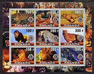 Rwanda 2001 Big Cats perf sheetlet containing 9 values each with Lions International Logo, unmounted mint, stamps on , stamps on  stamps on cats, stamps on  stamps on lions, stamps on  stamps on lions int