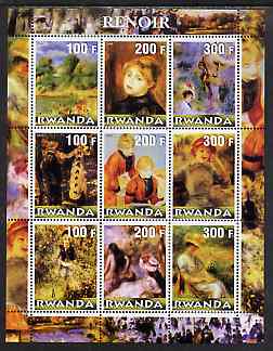 Rwanda 2001 Paintings by Renoir perf sheetlet containing 9 values unmounted mint, stamps on arts, stamps on renoir