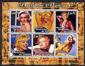 Congo 2001 Marilyn Monroe #1 perf sheetlet containing 6 values unmounted mint, stamps on personalities, stamps on movies, stamps on films, stamps on cinema, stamps on marilyn, stamps on monroe