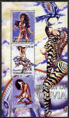 Turkmenistan 2001 Fantasy Art of Olivia perf sheetlet containing 3 values unmounted mint, stamps on , stamps on  stamps on arts, stamps on  stamps on women, stamps on  stamps on nudes, stamps on  stamps on fantasy