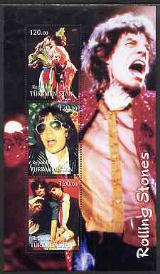 Turkmenistan 2001 Rolling Stones perf sheetlet containing 3 values unmounted mint, stamps on , stamps on  stamps on music, stamps on  stamps on pops, stamps on  stamps on entertainments, stamps on  stamps on rock