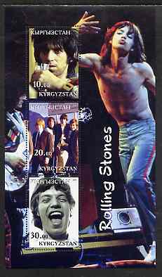 Kyrgyzstan 2001 Rolling Stones perf sheetlet containing 3 values unmounted mint, stamps on music, stamps on pops, stamps on entertainments, stamps on rock