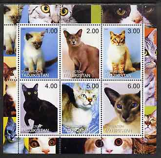 Tadjikistan 2000 Domestic Cats #2 perf sheetlet containing 6 values unmounted mint (vertical format), stamps on , stamps on  stamps on cats