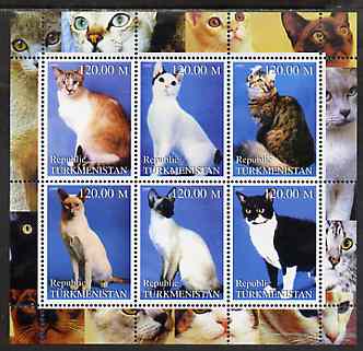 Turkmenistan 2000 Domestic Cats #2 perf sheetlet containing 6 values unmounted mint, stamps on , stamps on  stamps on cats