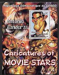 Congo 2001 Caricatures of Movie Stars - Antonio Banderas perf souvenir sheet unmounted mint , stamps on personalities, stamps on entertainments, stamps on films, stamps on cinema, stamps on movies