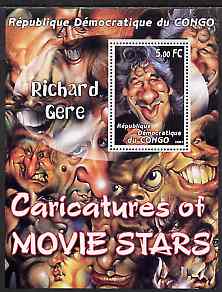 Congo 2001 Caricatures of Movie Stars - Richard Gere perf souvenir sheet unmounted mint , stamps on , stamps on  stamps on personalities, stamps on  stamps on entertainments, stamps on  stamps on films, stamps on  stamps on cinema, stamps on  stamps on movies