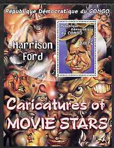 Congo 2001 Caricatures of Movie Stars - Harrison Ford perf souvenir sheet unmounted mint , stamps on , stamps on  stamps on personalities, stamps on  stamps on entertainments, stamps on  stamps on films, stamps on  stamps on cinema, stamps on  stamps on movies