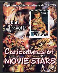 Congo 2001 Caricatures of Movie Stars - John Travolta perf souvenir sheet unmounted mint , stamps on personalities, stamps on entertainments, stamps on films, stamps on cinema, stamps on movies