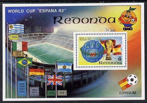 Antigua - Redonda 1982 Football World Cup $5 m/sheet showing Flags & Stadium unmounted mint, stamps on , stamps on  stamps on flags  football   sport     civil engineering     stadium