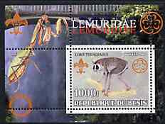 Benin 2002 Lemurs perf s/sheet containing single value with Scouts & Guides Logos plus Rotary Logo & Insect in outer margin, unmounted mint, stamps on , stamps on  stamps on animals, stamps on  stamps on scouts, stamps on  stamps on rotary, stamps on  stamps on insects, stamps on  stamps on lemurs, stamps on  stamps on apes