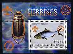 Congo 2002 Fish (Herrings) perf s/sheet containing single value with Scouts & Guides Logos plus Rotary Logo & Insect in outer margin, unmounted mint, stamps on animals, stamps on scouts, stamps on rotary, stamps on insects, stamps on fish