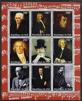 Mali 2000 Composers perf sheetlet containing 9 values unmounted mint, stamps on personalities, stamps on music, stamps on chopin, stamps on haydn, stamps on handel, stamps on bach, stamps on verdi, stamps on beethoven, stamps on debussy, stamps on brahms, stamps on stravinsky, stamps on personalities, stamps on beethoven, stamps on opera, stamps on music, stamps on composers, stamps on deaf, stamps on disabled, stamps on masonry, stamps on masonics
