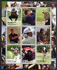 Tadjikistan 2000 Eduardo Romero perf sheetlet containing 9 values unmounted mint, stamps on , stamps on  stamps on personalities, stamps on  stamps on golf, stamps on  stamps on sport