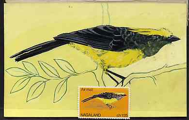 Nagaland 1969 Sultan Tit - original hand-painted artwork as used for 1.25ch (except branch outline has been changed) on board 180 mm x 110 mm complete with issued stamp, stamps on , stamps on  stamps on birds
