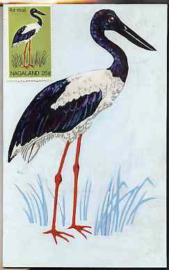 Nagaland 1969 Black-necked Stork - original hand-painted artwork as used for 25c on board 110 mm x 180 mm complete with issued stamp, stamps on , stamps on  stamps on birds, stamps on  stamps on storks