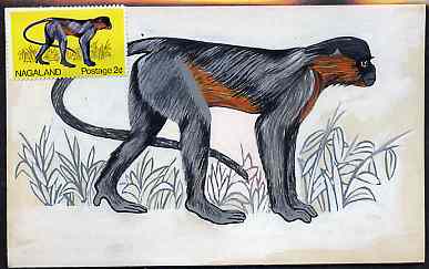 Nagaland 1969 Monkey (Capped Langur) - original hand-painted artwork as used for 2c (except grass outline has been changed) on board 180 mm x 110 mm complete with issued stamp, stamps on , stamps on  stamps on animals, stamps on  stamps on apes, stamps on  stamps on monkeys