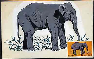 Nagaland 1969 Elephant - original hand-painted artwork as used for 20c (except grass outline has been changed) on board 180 mm x 110 mm complete with issued stamp, stamps on , stamps on  stamps on animals, stamps on  stamps on elephants