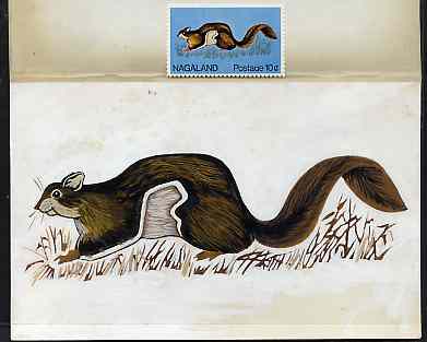 Nagaland 1969 Flying Squirrel - original hand-painted artwork as used for 10c (except grass outline has been changed) on board 180 mm x 110 mm complete with issued stamp, stamps on animals, stamps on squirrels