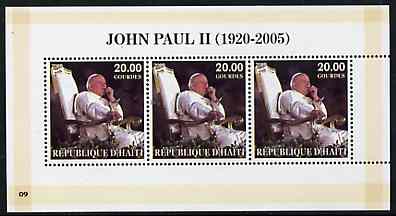 Haiti 2005 Pope John Paul II perf sheetlet #4 (Text in English) containing 3 values, unmounted mint (inscribed 09), stamps on , stamps on  stamps on personalities, stamps on  stamps on religion, stamps on  stamps on popes, stamps on  stamps on pope